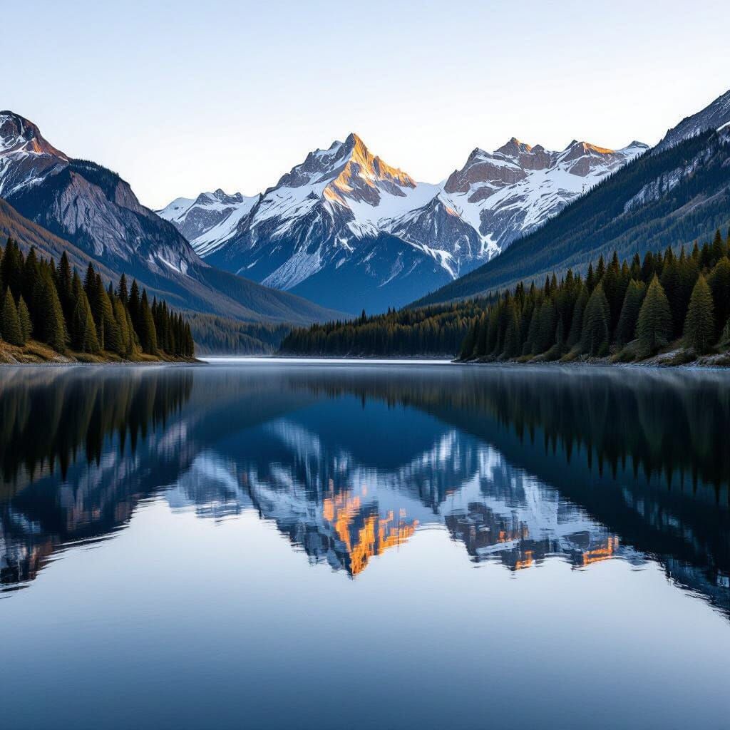 Serene Mountain Lake at Golden Hour with Snow-Capped Peaks