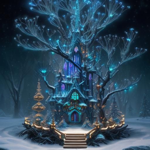 Bioluminescent Christmas Wonderland: Detailed Matte Painting
