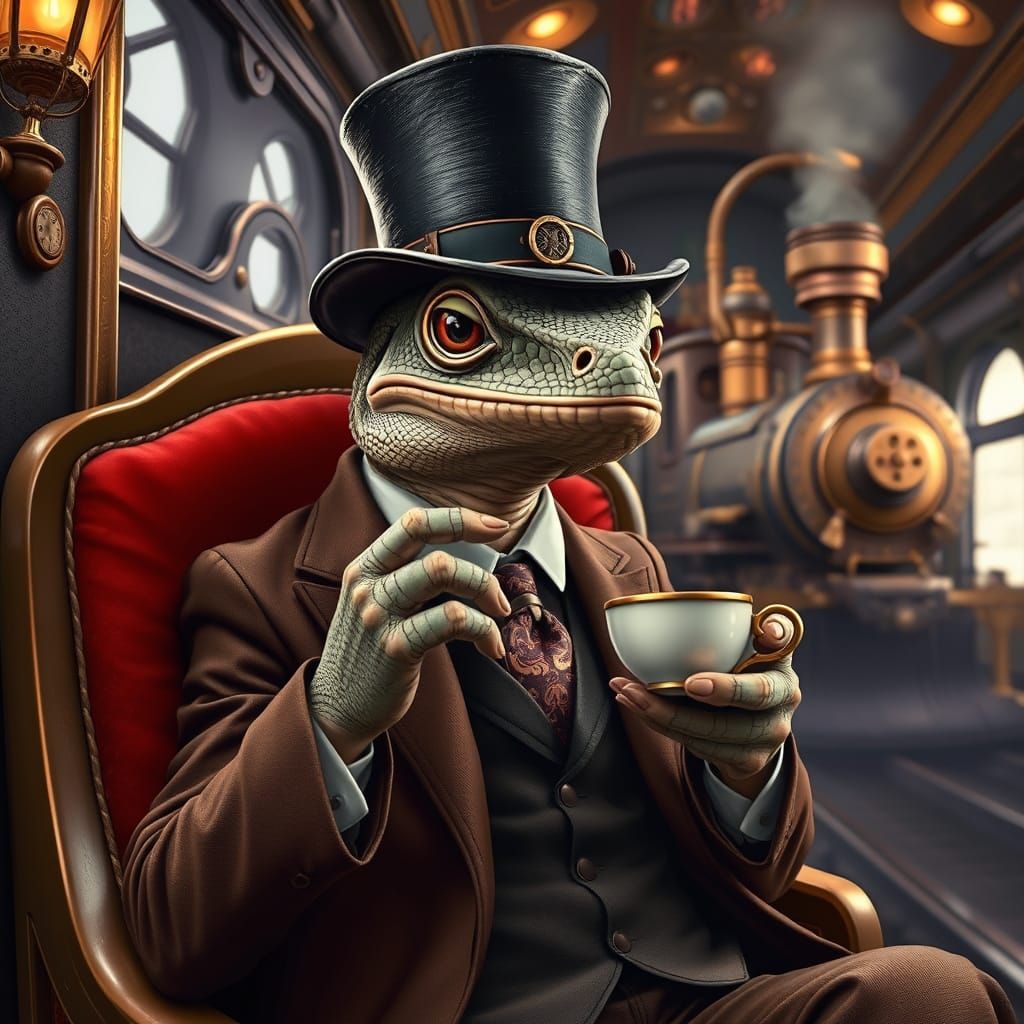 Steampunk Lizard Sips Tea in Luxurious Train Carriage