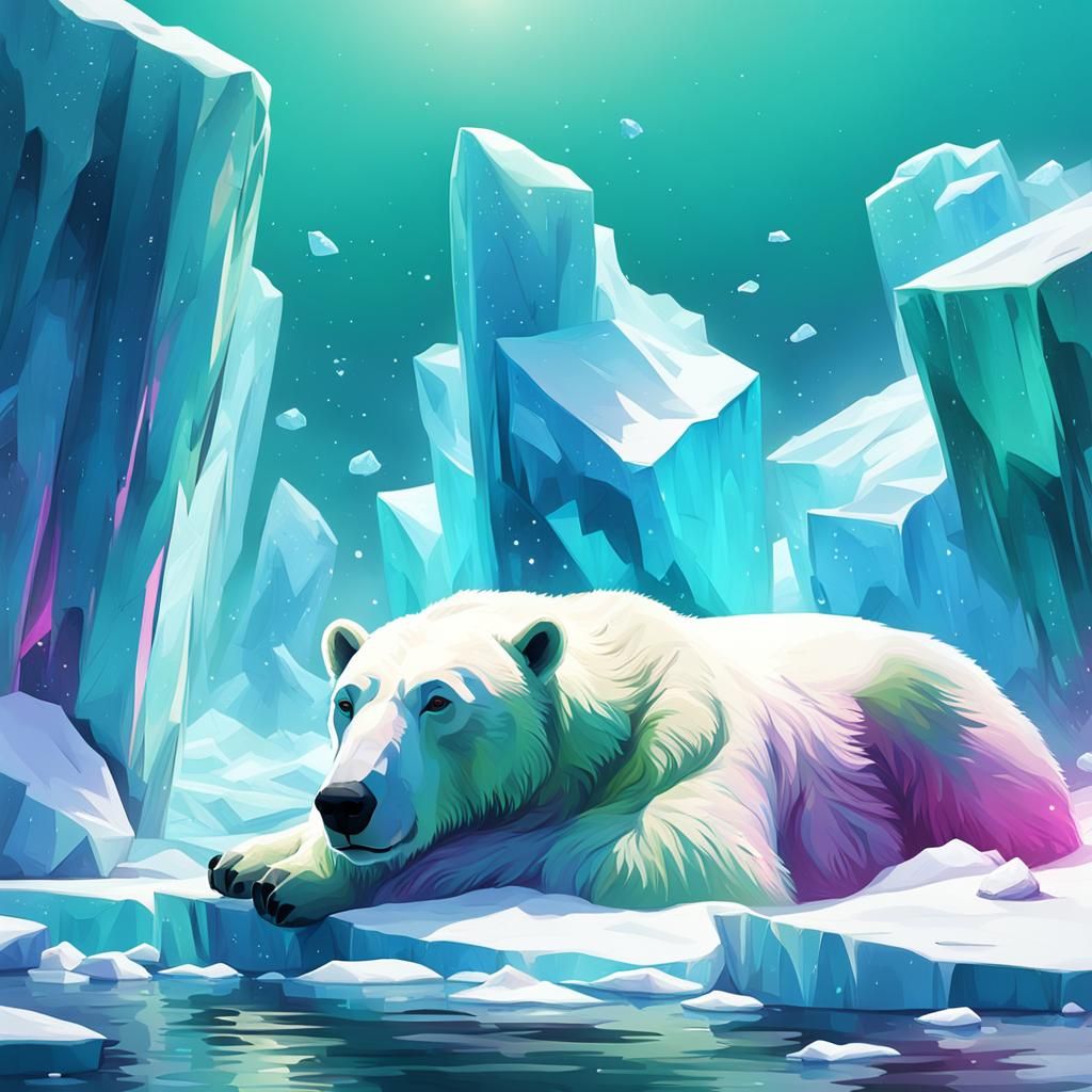 Polar Bear Lounging on Icebergs in Green and Magenta Fantasy