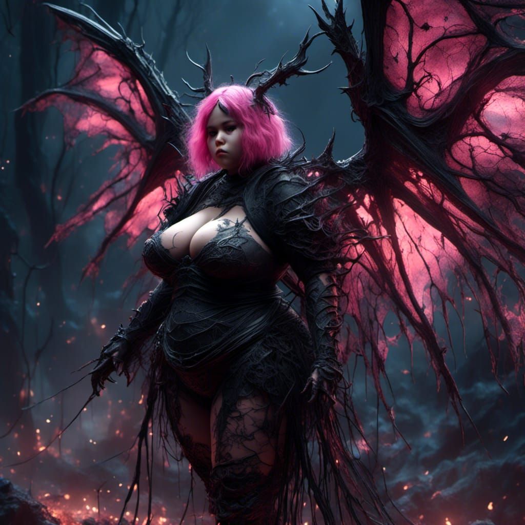 Cute bbw obese Demon knight, Huge black bat wings, black and...