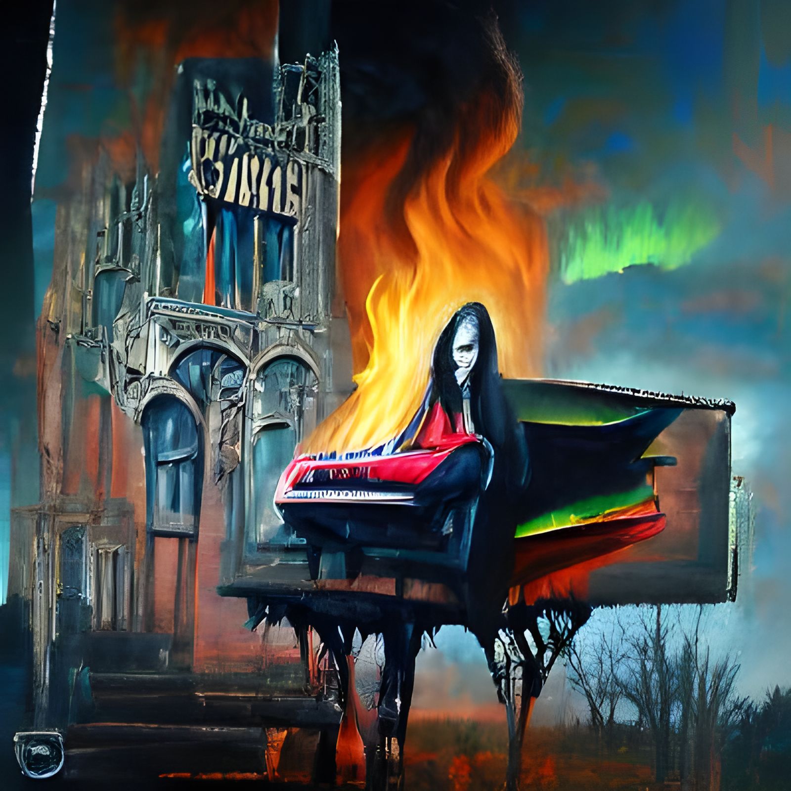 Burning Piano: Gothic Oil Painting