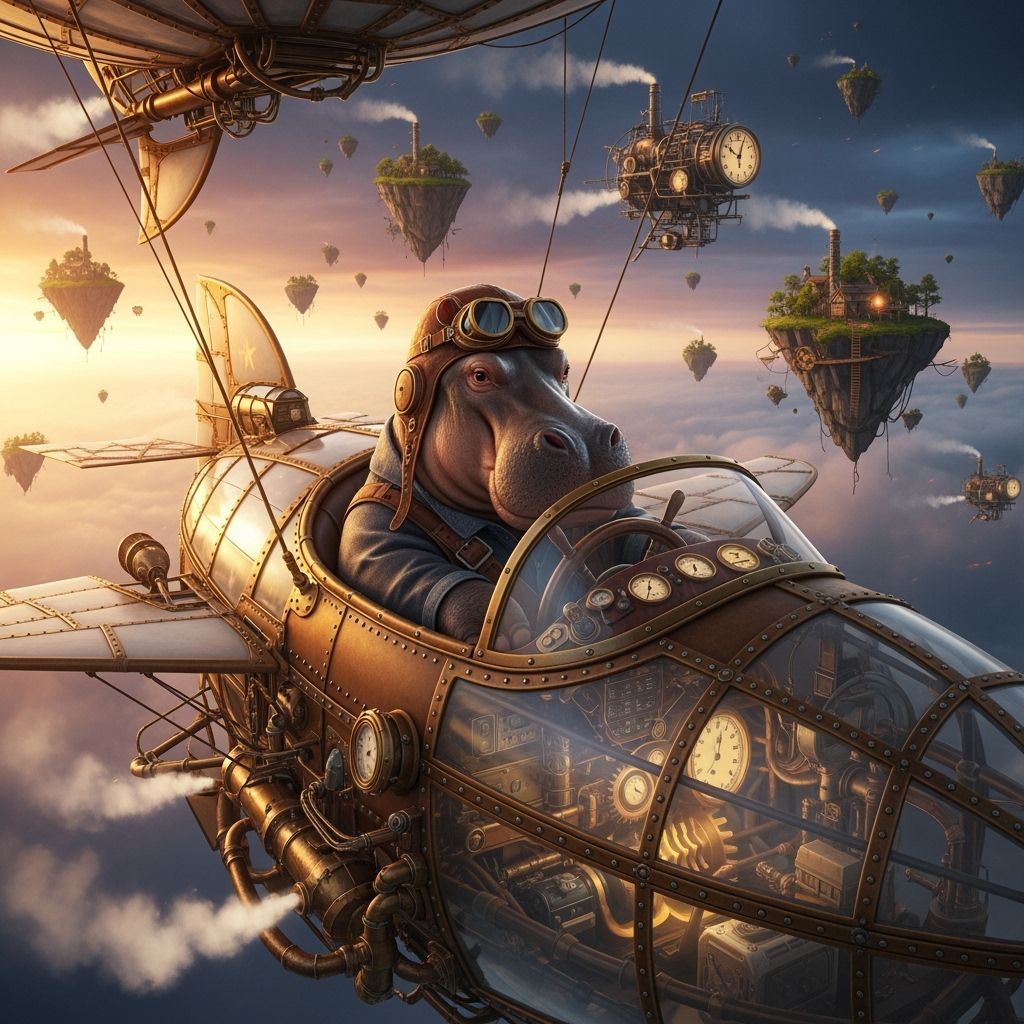 Steampunk Hippo Piloting Zeppelin Amidst Clockwork Sky