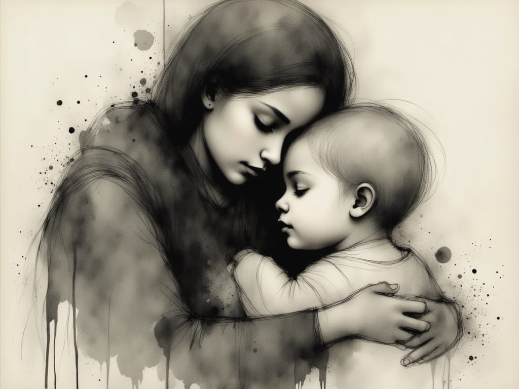 Motherly Comfort in Charcoal Hyperrealism