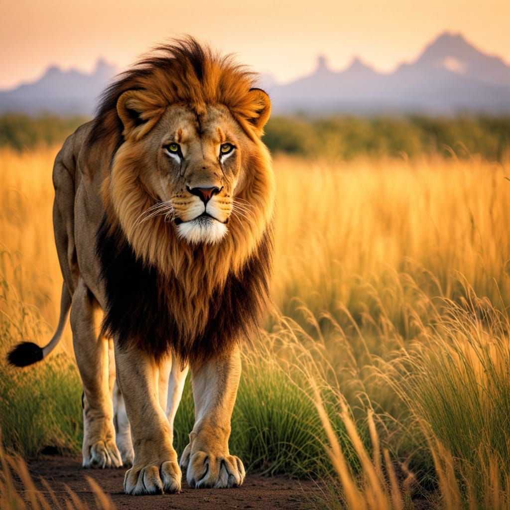 Majestic Lion in Sunset Savannah