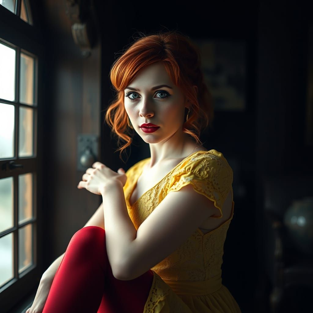 Red-Headed Woman in Yellow Dress: Hyperrealistic Photo