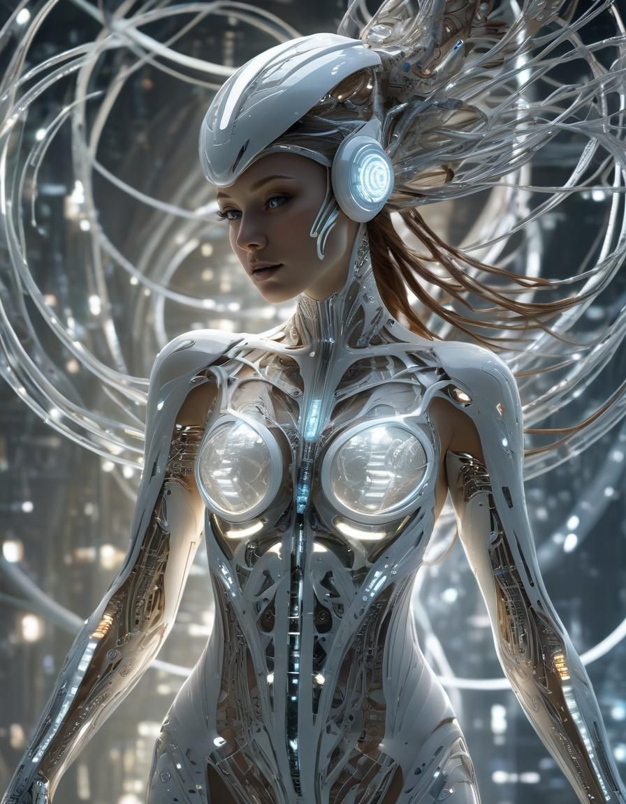 Biomechanical Woman Connected to Internet in Futuristic Styl...
