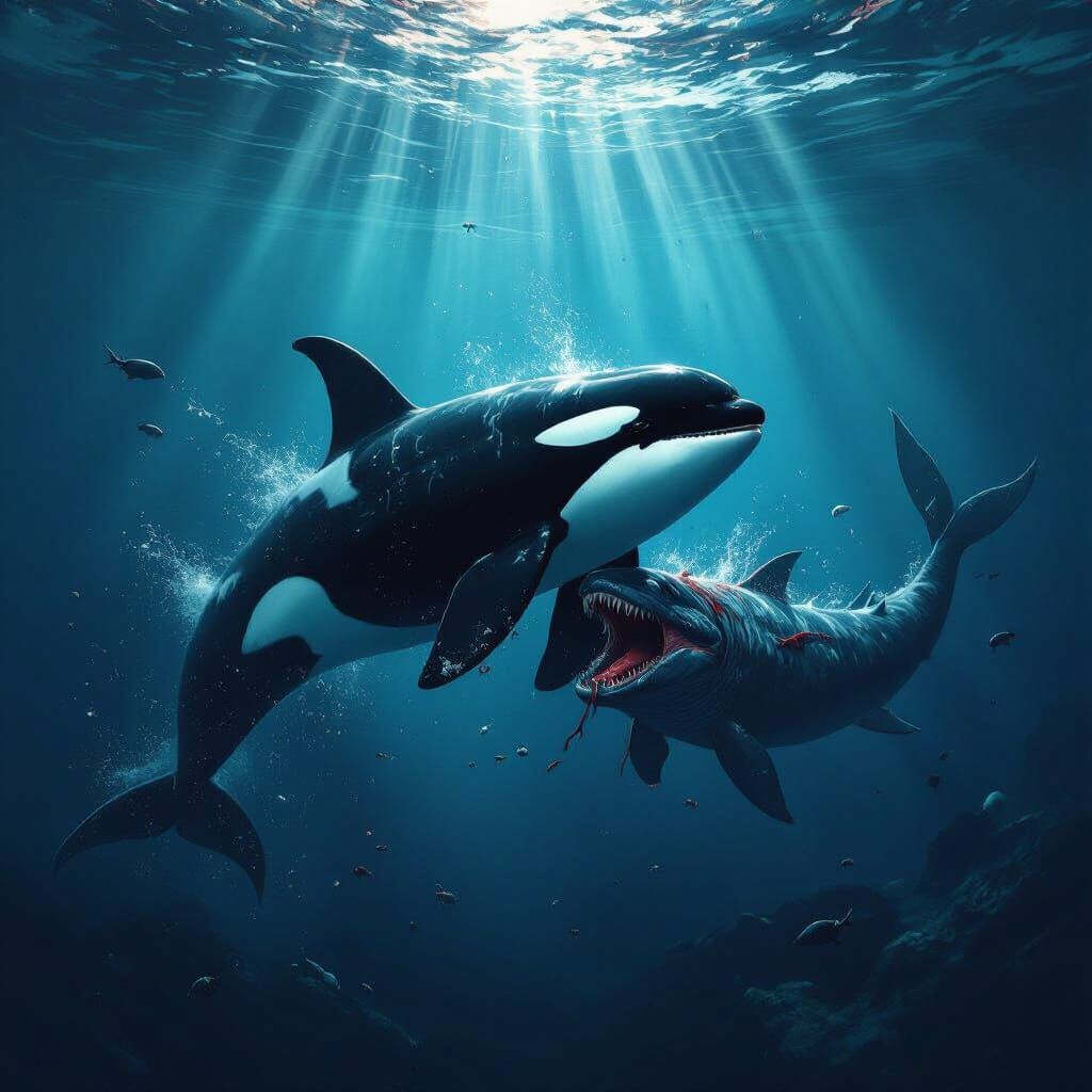 Orca Devours Mosasaurus in Dark Fantasy Underwater Scene