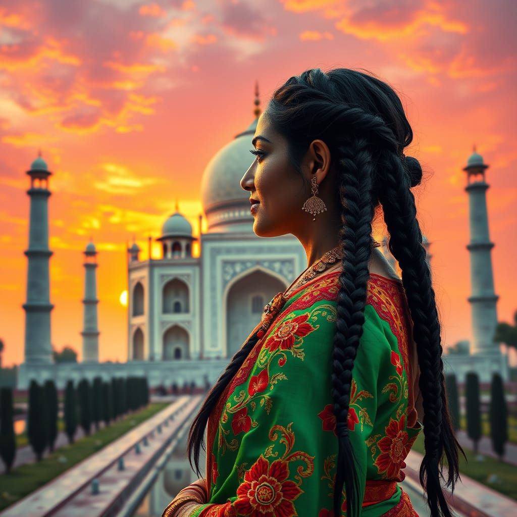 Elegant Indian Woman in Traditional Dress at Sunset, Inspire...