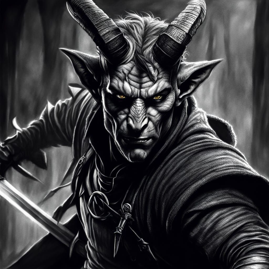Dramatic Tiefling Rogue with Bladed Whip, Charcoal Drawing