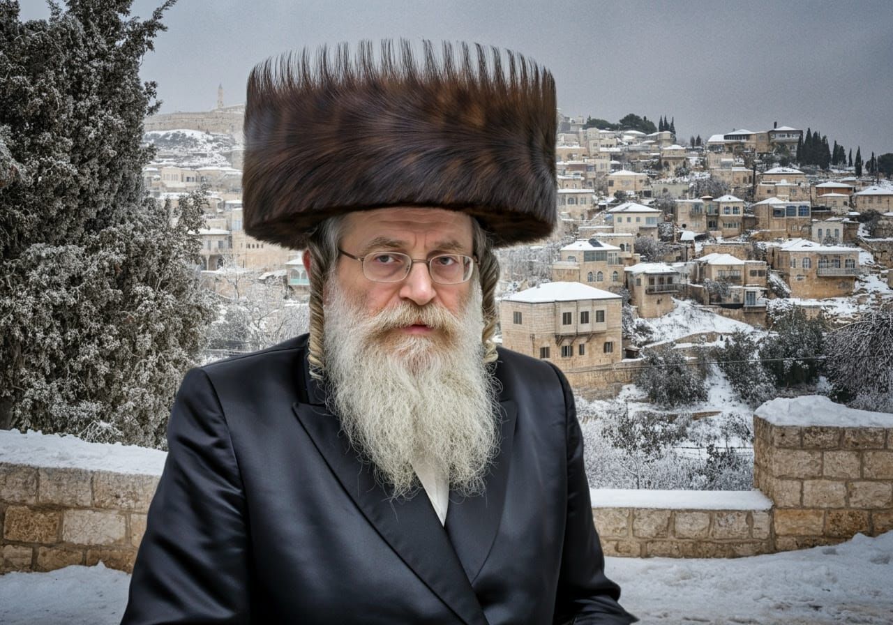 Dignified Hasidic Rabbi in Winter Landscape with Fur Scarf