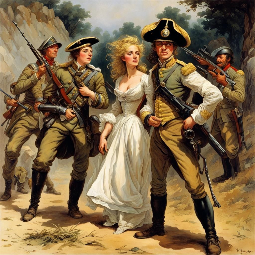 Woman Soldier Shoots Man: Historical Painting