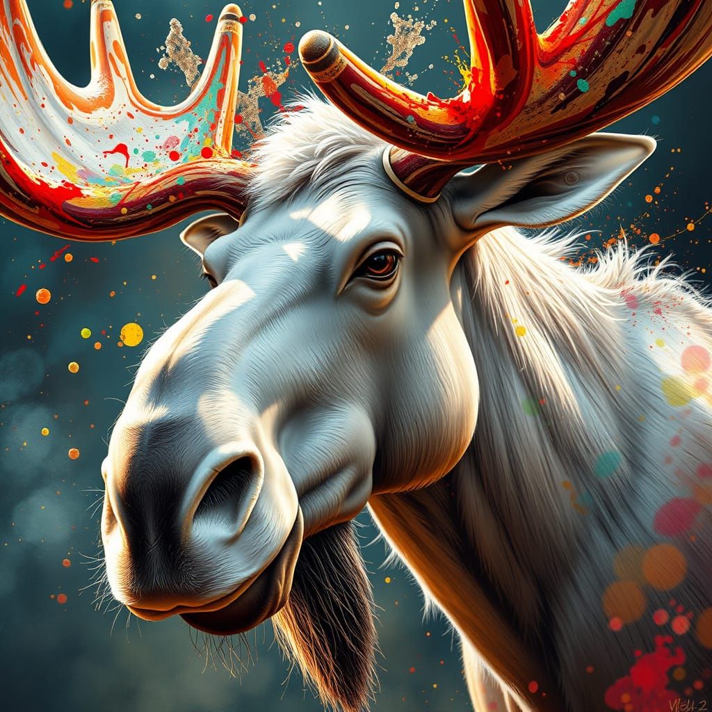 Dramatic White Moose in Hyperrealistic Splash Art