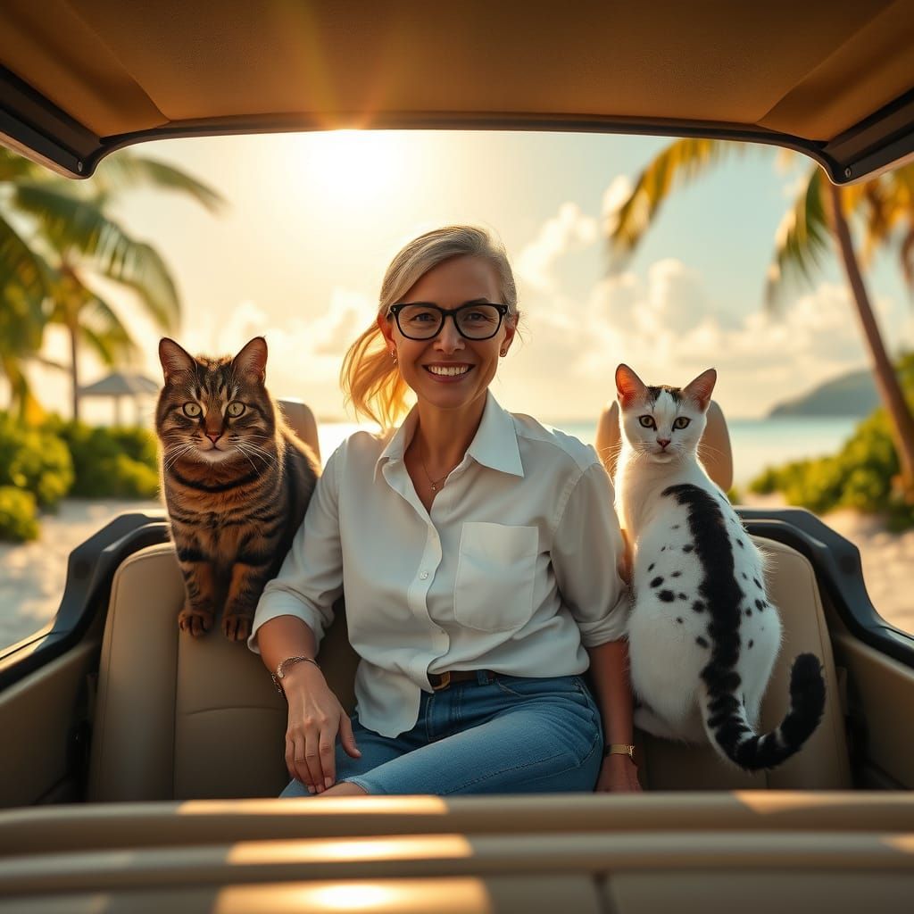 Blonde Woman Surrounded by Cats in a Safari Car on a Seychel...