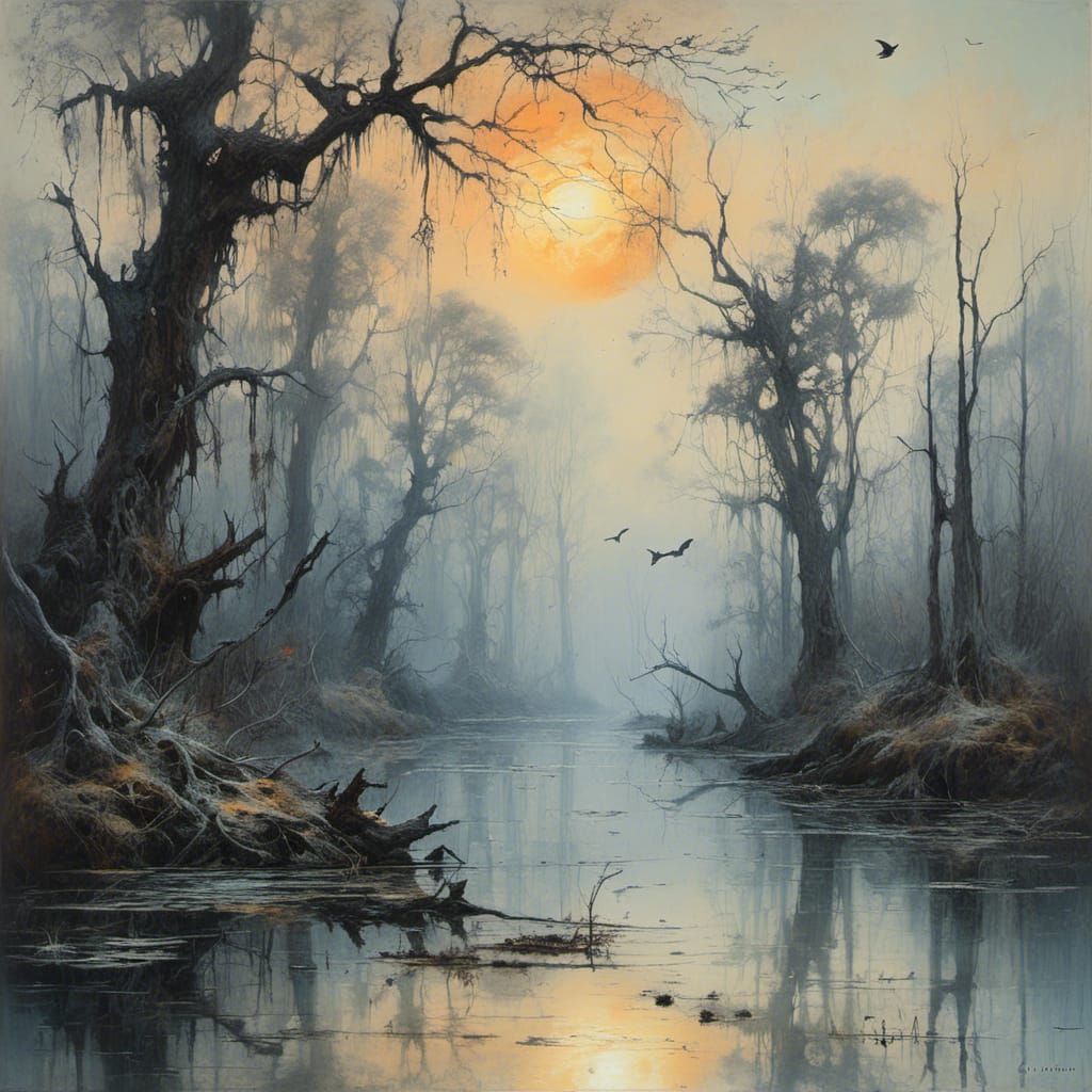 Ethereal Lunar Swamp: Dripping Watercolor Art