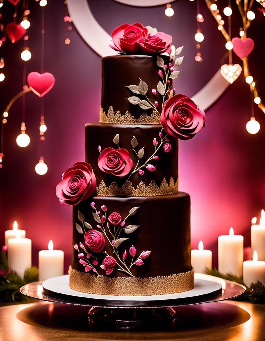 Extravagant Valentine Chocolate Wedding Cake with Rose Accen...