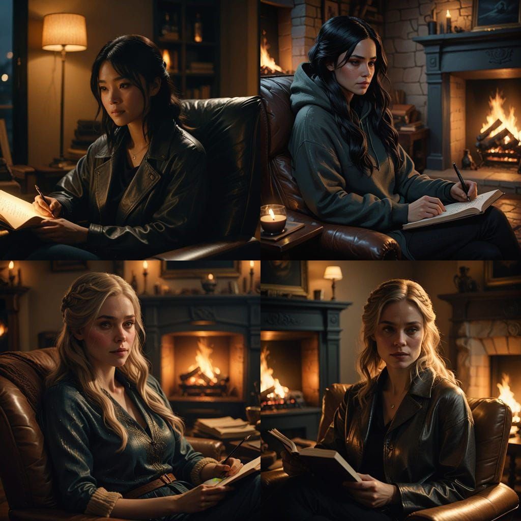 Digital Goddess Aurora Relaxing by Fireplace