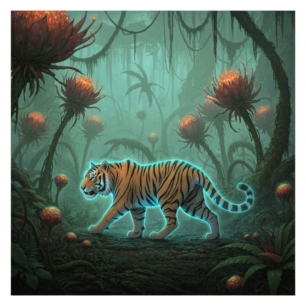 Bioluminescent Tiger in Alien Jungle, Atmospheric Render