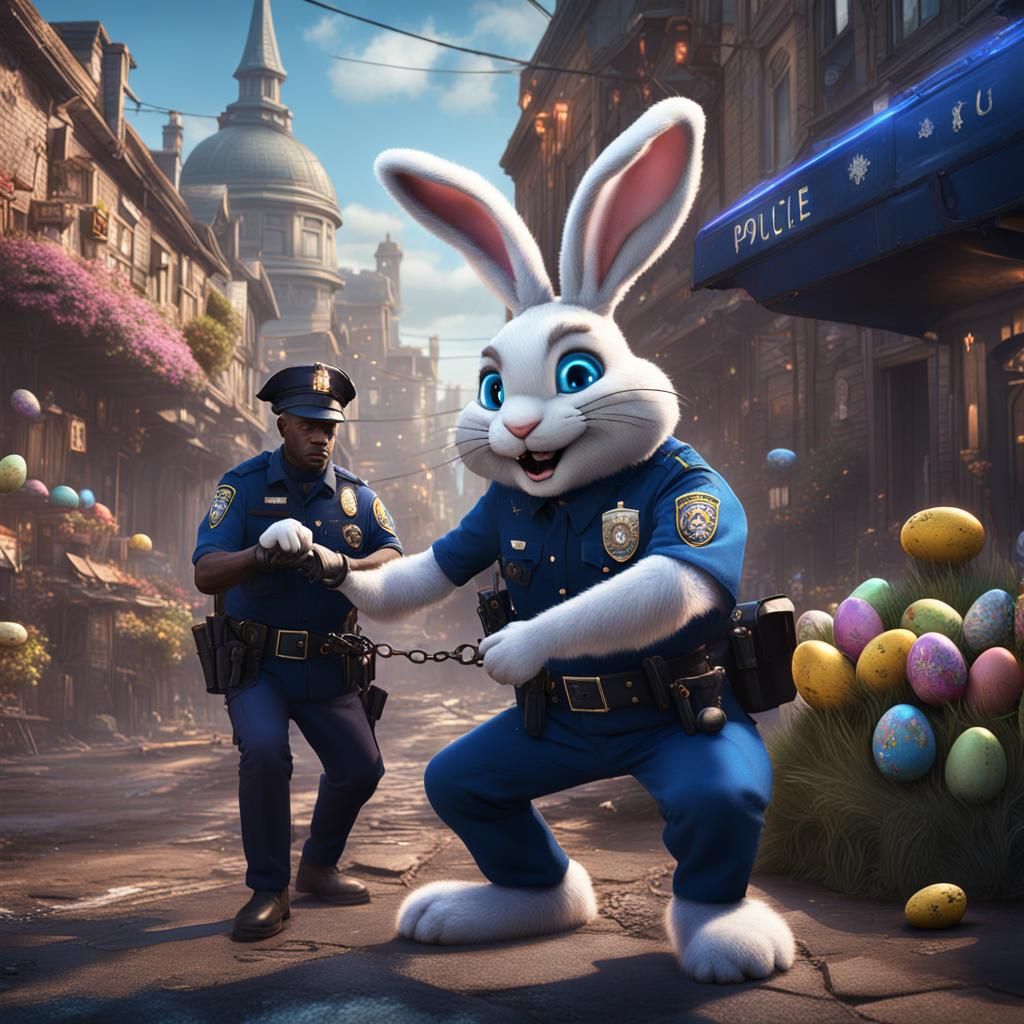The Easter Bunny being  handcuffed by police