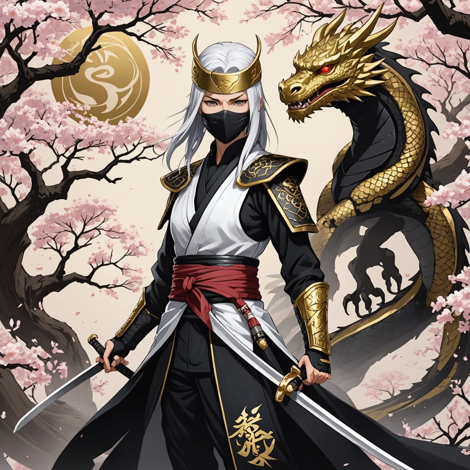 Ninja Clan and Dragon Beneath Sakura Tree in Anime Style