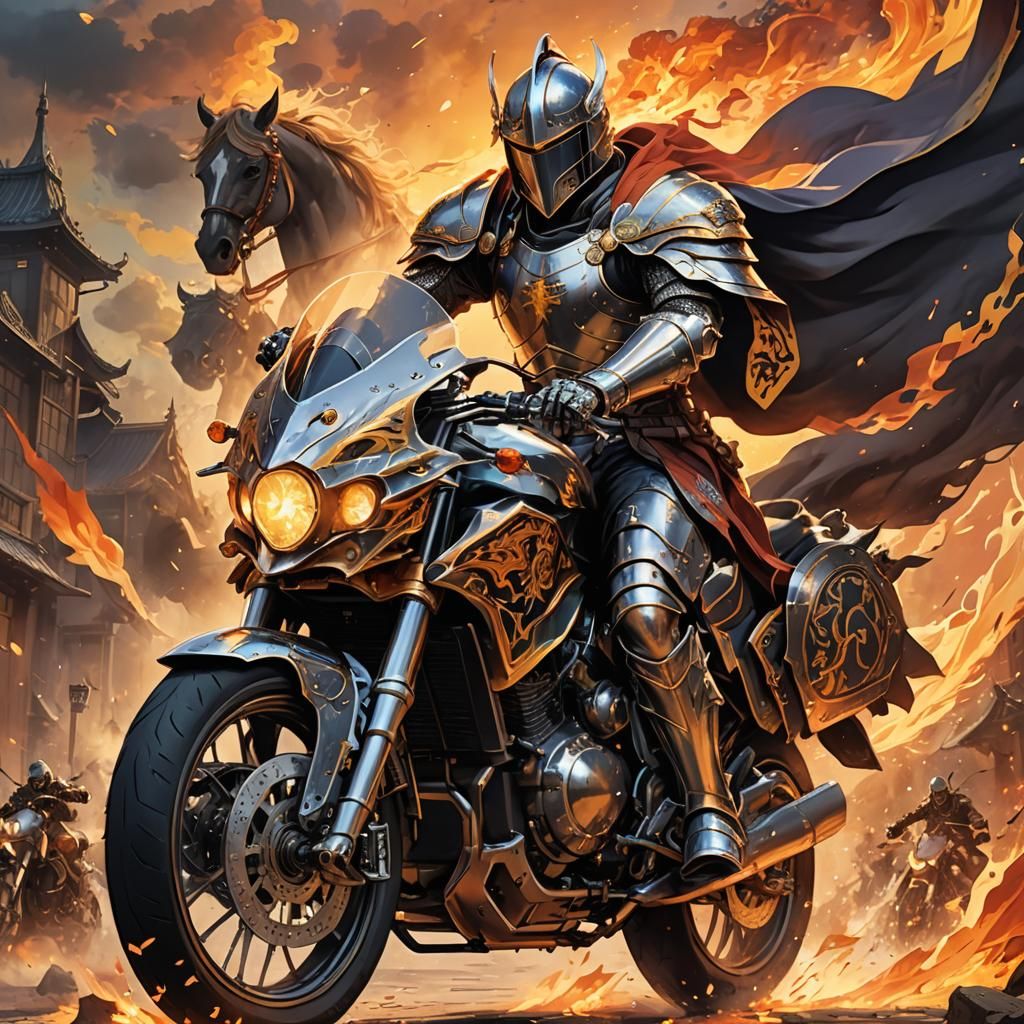 Anime Knight Rides Motorcycle Horse in Fantasy Art