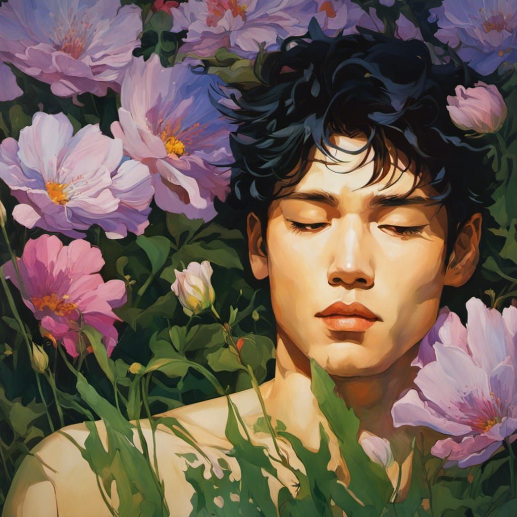 Shirtless Man in Field of Flowers, Art Nouveau Style