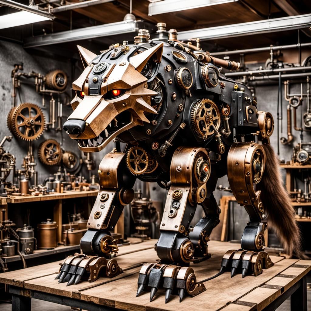 Steampunk Mecha Wolf in a Workshop