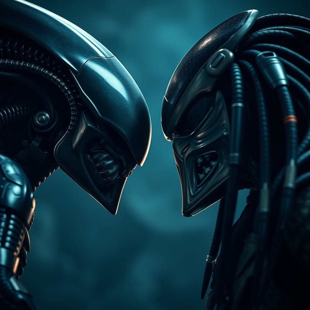Alien and Predator Standoff in Hyperrealistic Close-Up