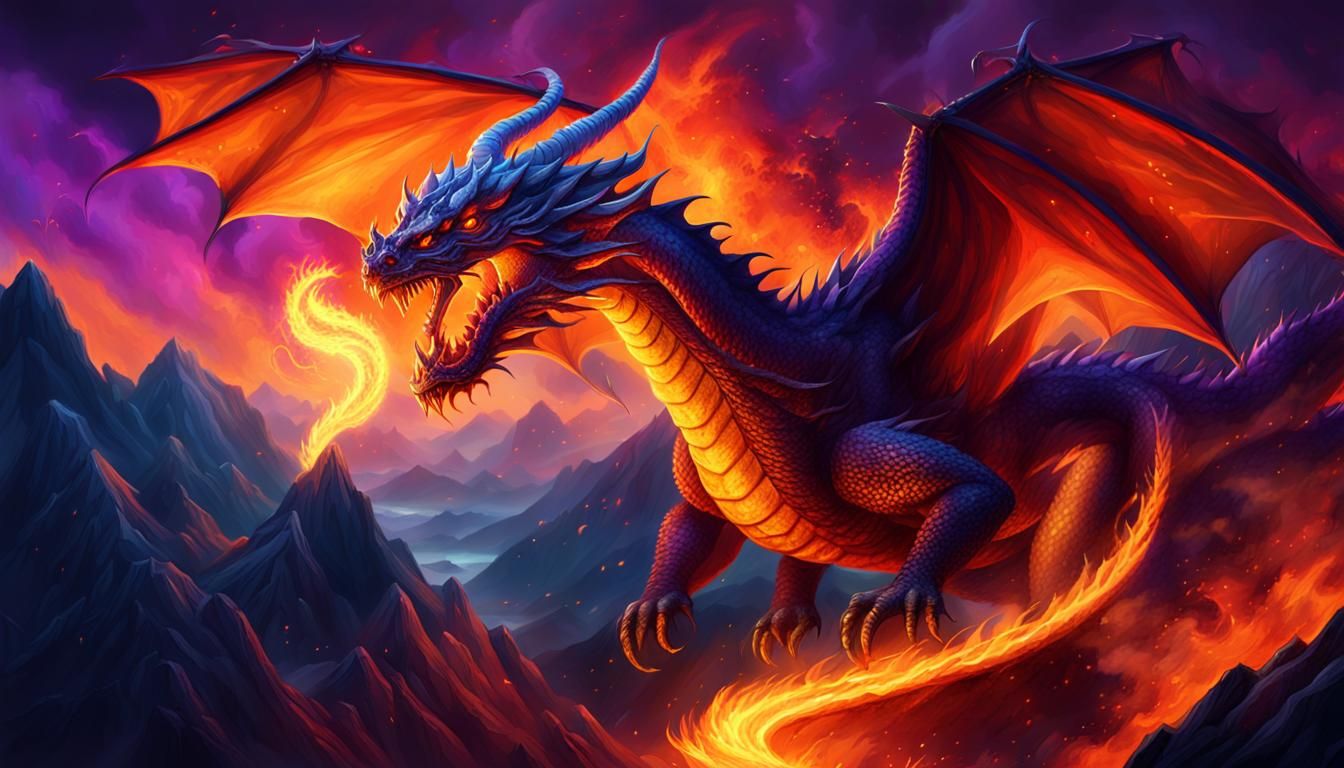 Dragon Breathing Fire in a Dark Mountain Range