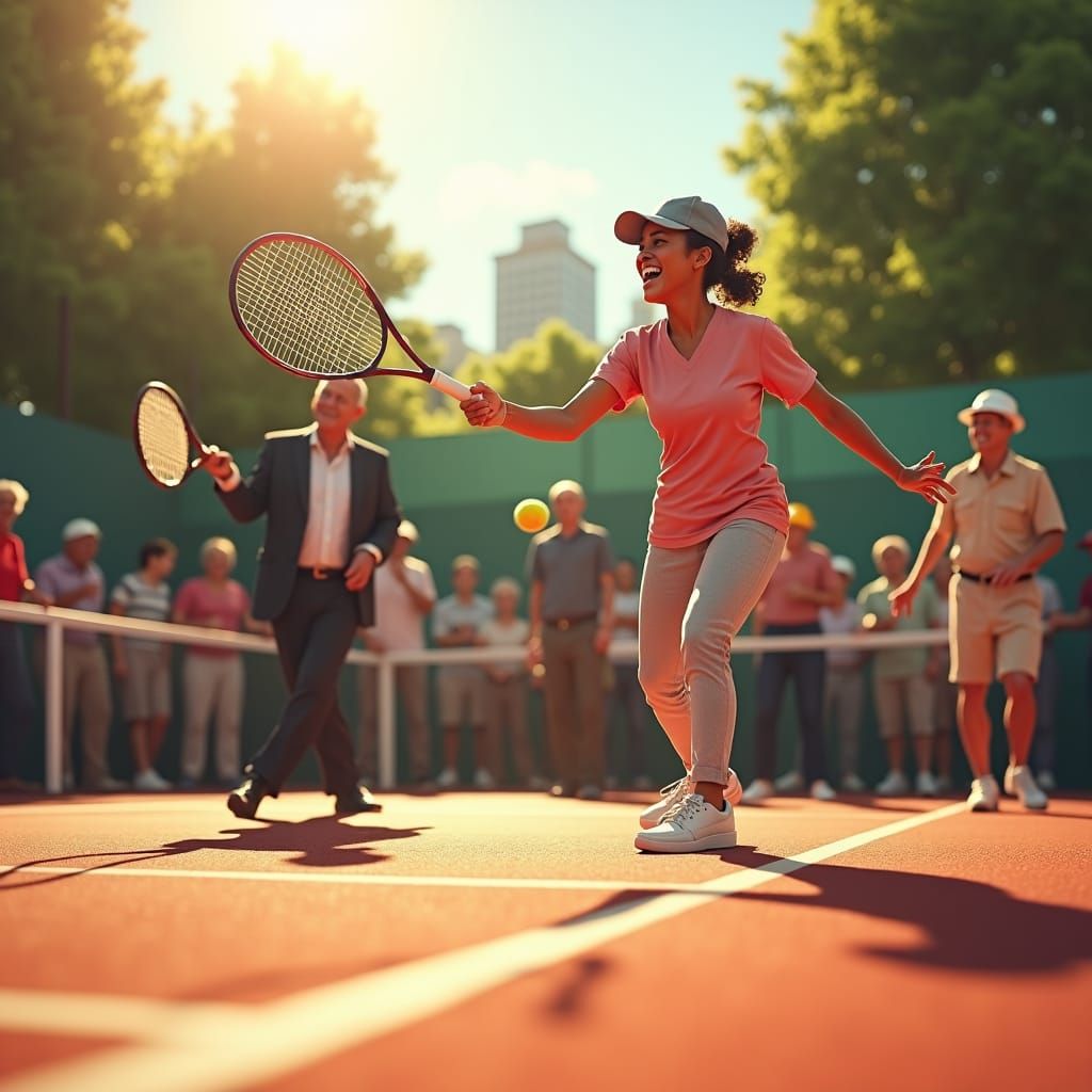 Energetic Tennis Court Scene in Detailed Matte Painting Styl...