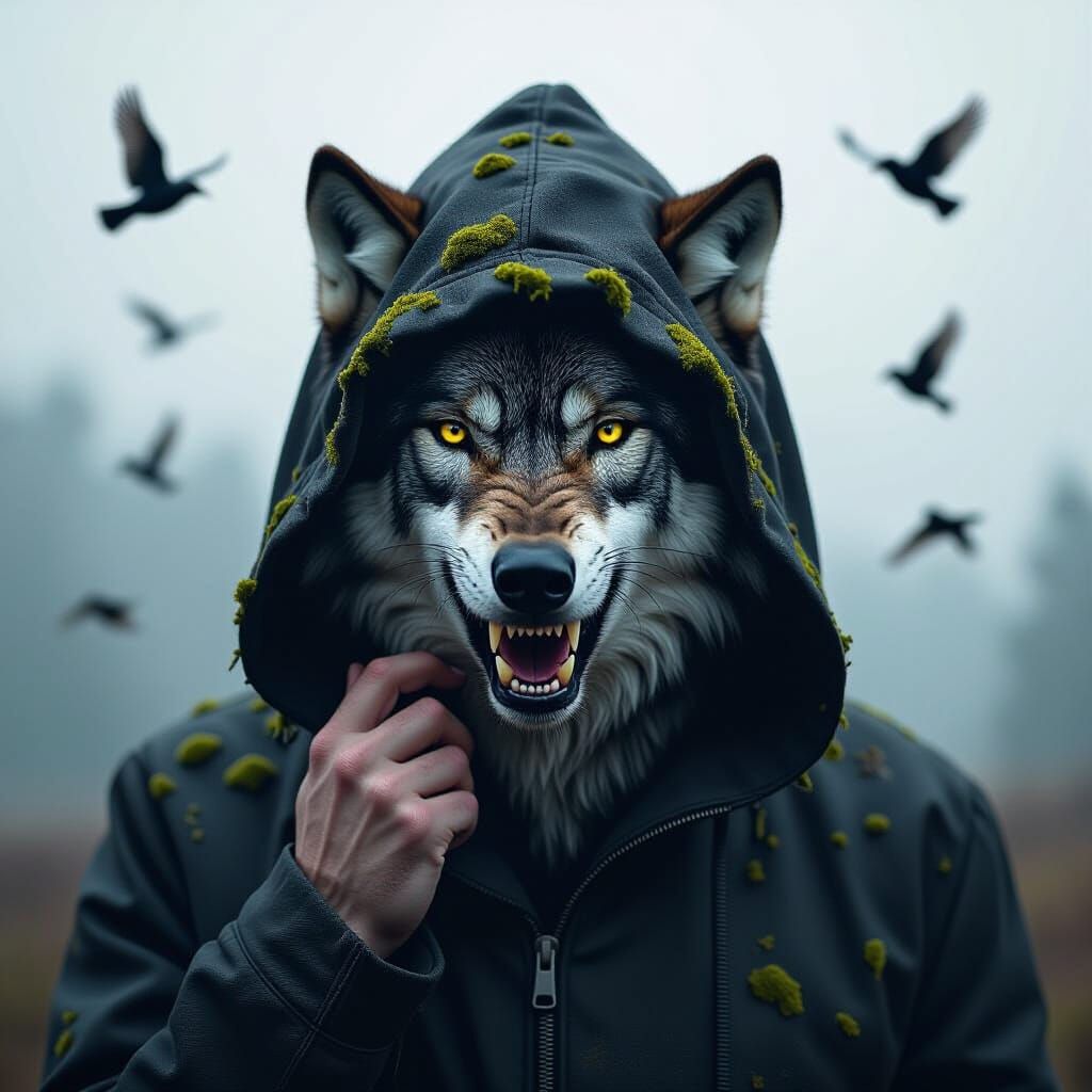 Mysterious Hooded Figure and Wolf in Glitch Art Style