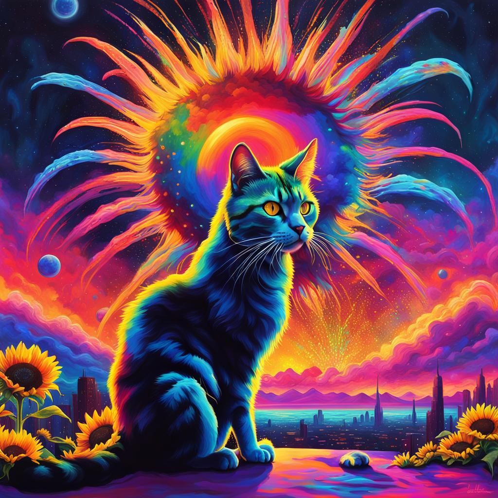 Surreal Cyberpunk Cat with Rainbow Fireworks and Sunflowers