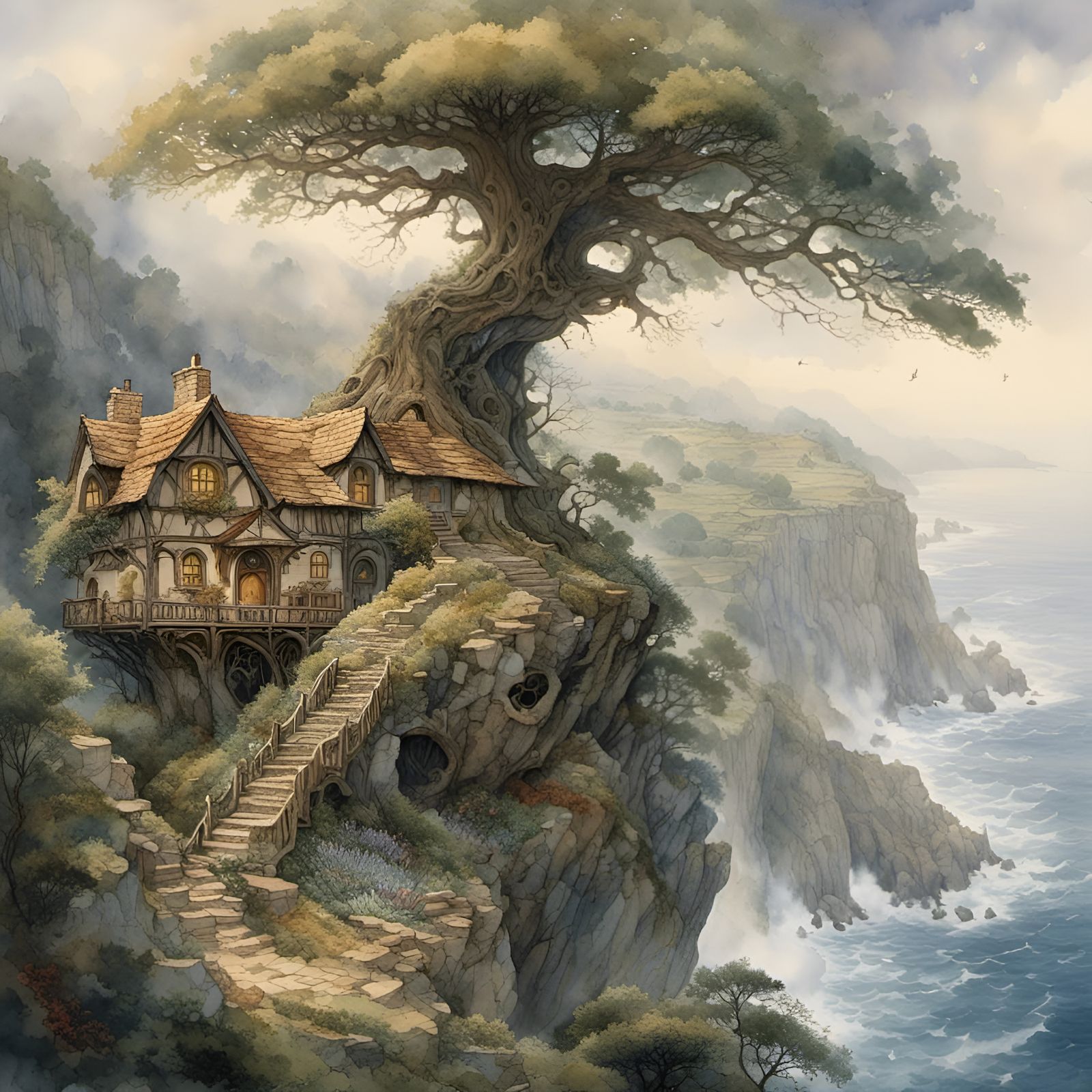 Treehouse on Cliff in Ethereal Fantasy Style