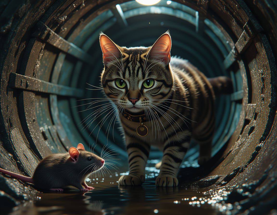 Cat Pouncing on Rat in Sewer, Dark Fantasy Style