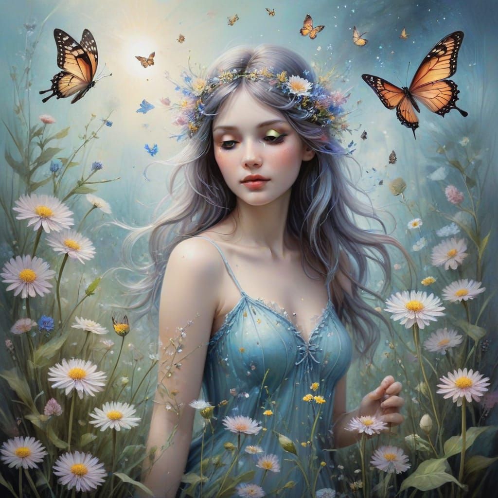 Dreamy Fairy with Dandelion Among Wildflowers