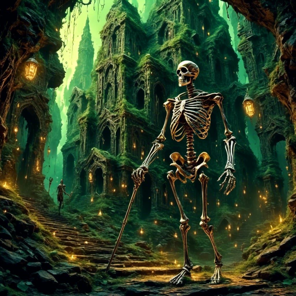 <lora:5E:1.0> <lora:FEL-_- Toxical Magix:1.0>  A skeleton, with a walking stick, hiking through the downtown city street...