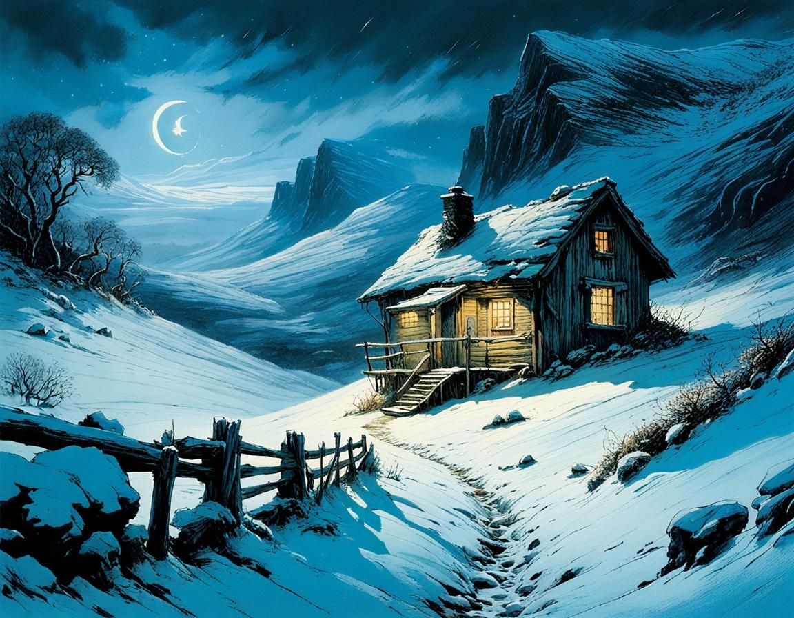 Snowstorm at Night with Hiker in Cozy Valley