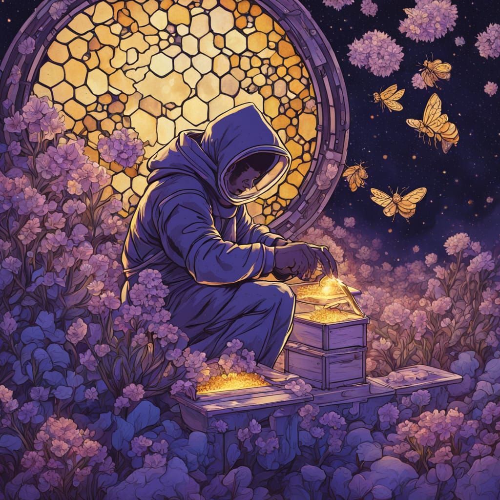 Celestial Beekeeper Tending Crystal Hives: Art Nouveau Style