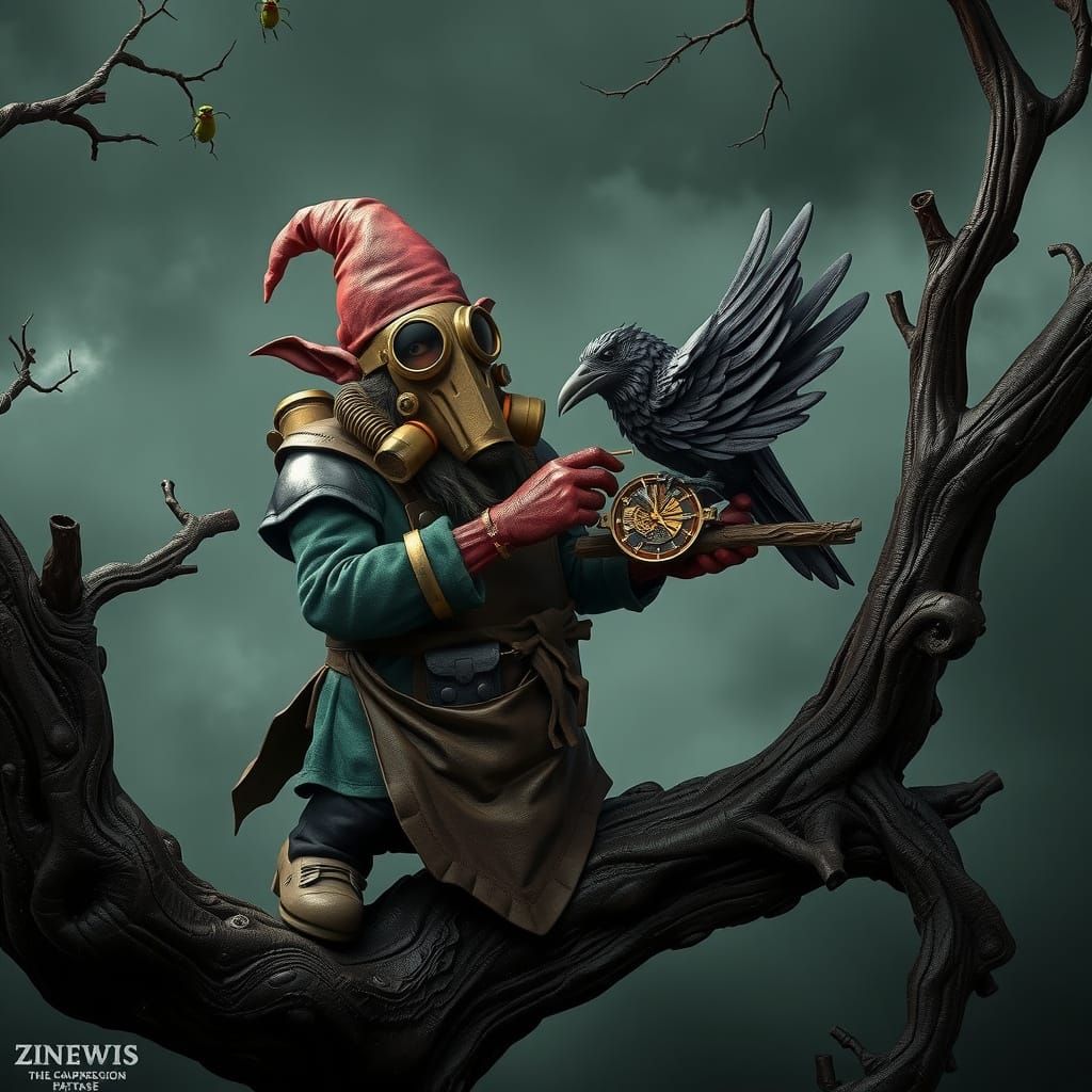 Gnome Tinkerer Repairs Clockwork Raven in Misty Swamp