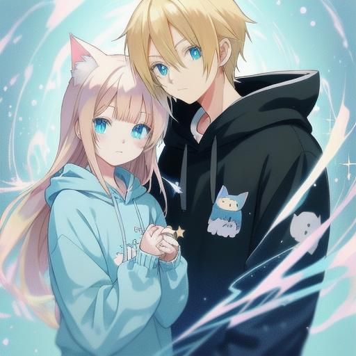 Anime Girl with Cat Hoodie in Pastel Colors