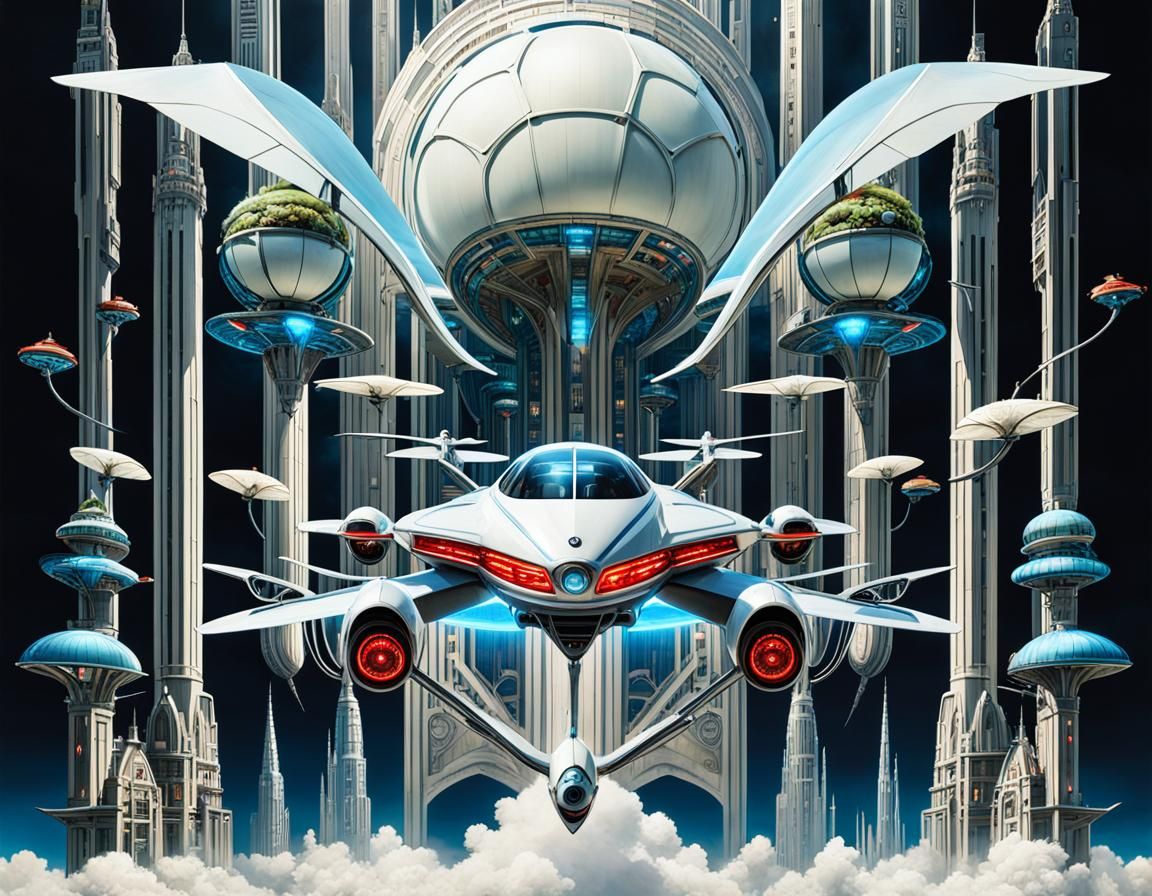 Flying Car over Goblin City in Cyberpunk Style