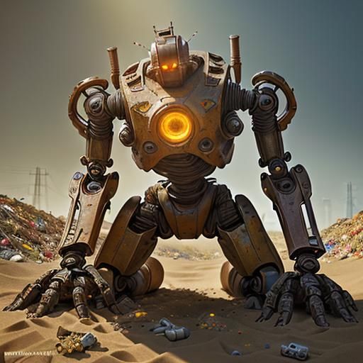 Rusty Robot with Bouquet in Hyperrealistic Splash Art