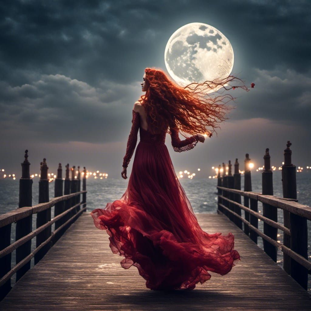 Red-Haired Woman Walks Towards Moonlit Bay