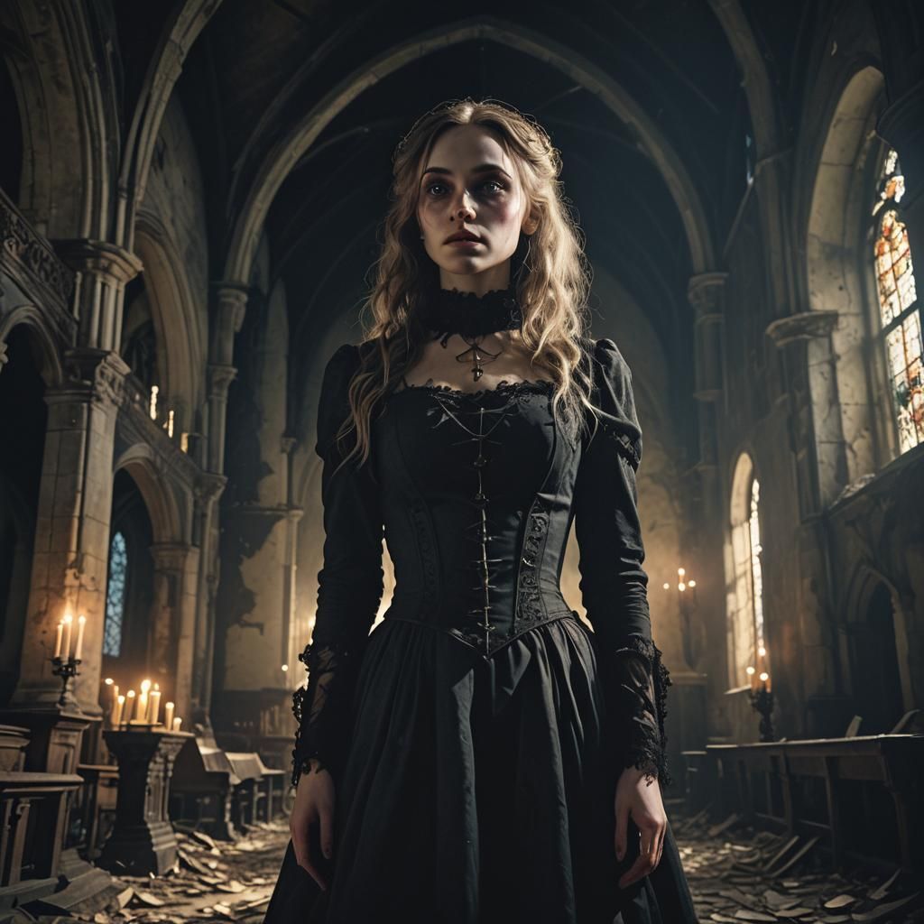 Mysterious Woman in Abandoned Church: Gothic Art