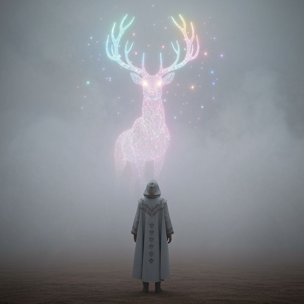 Figure Gazes at Holographic Stag in Misty Desert