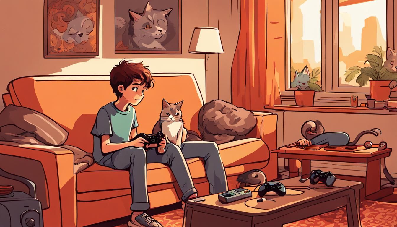 Gamer and Cat in Sunlight: 2D Art Style