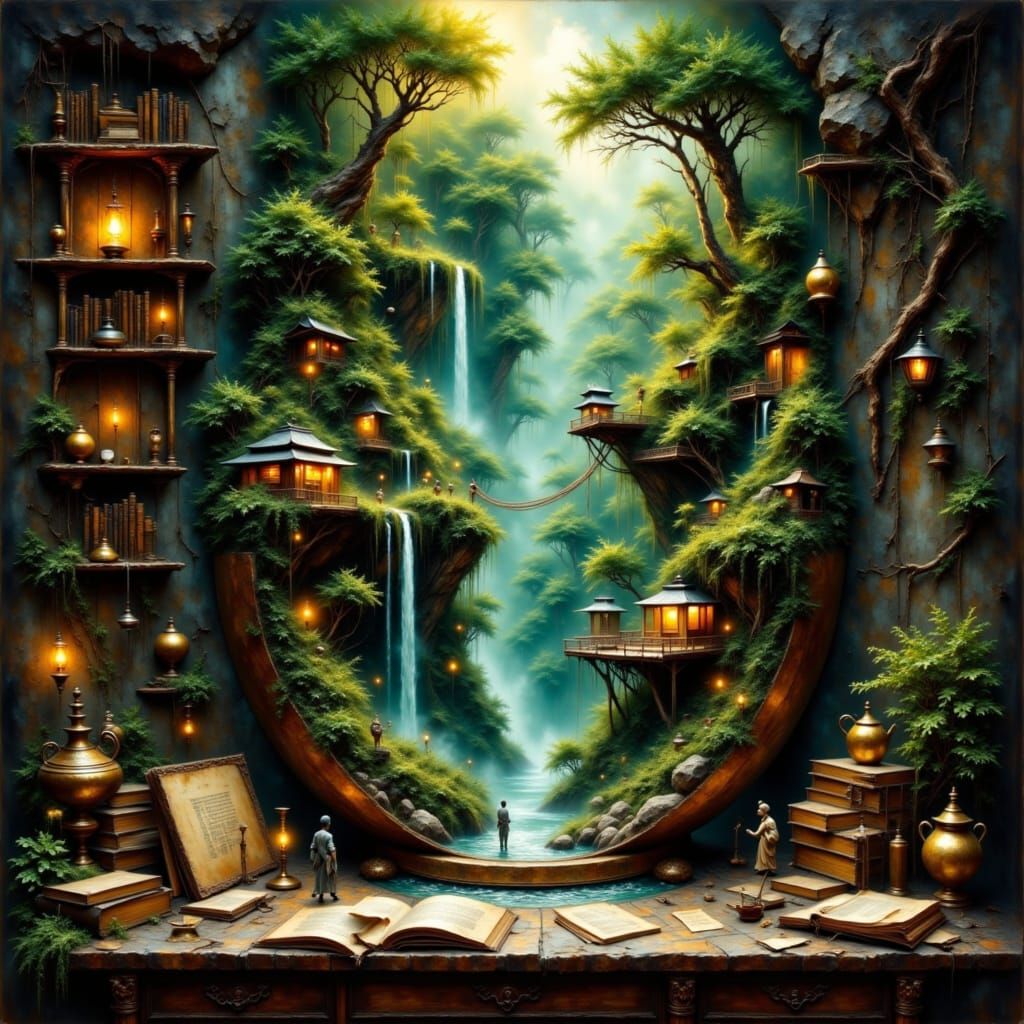 A highly detailed magical realism scene: an antique Chinese Ming vase standing on a wooden desk in a dimly lit study, bu...