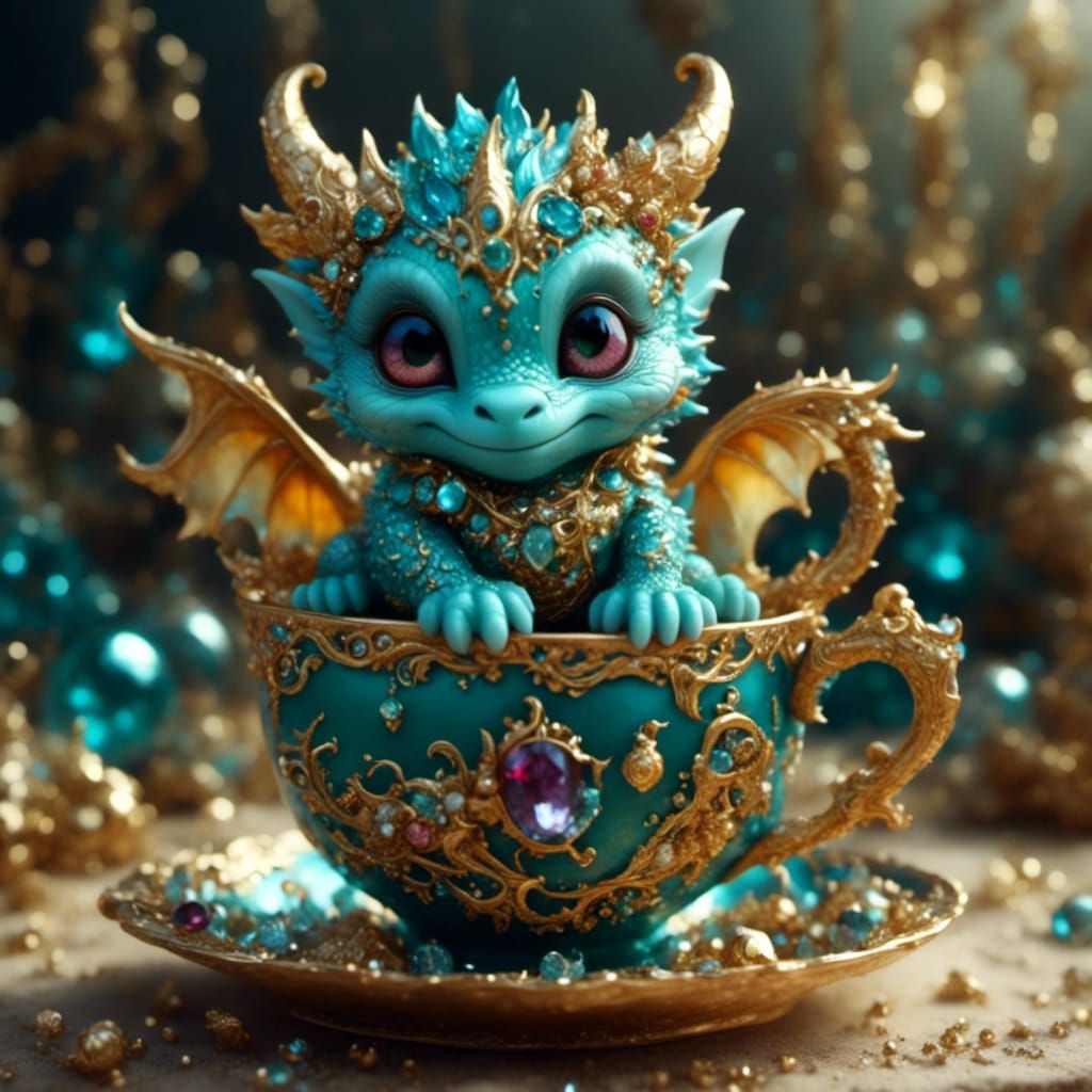 a cute baby dragon with jewels sitting in a teacup with jewe...