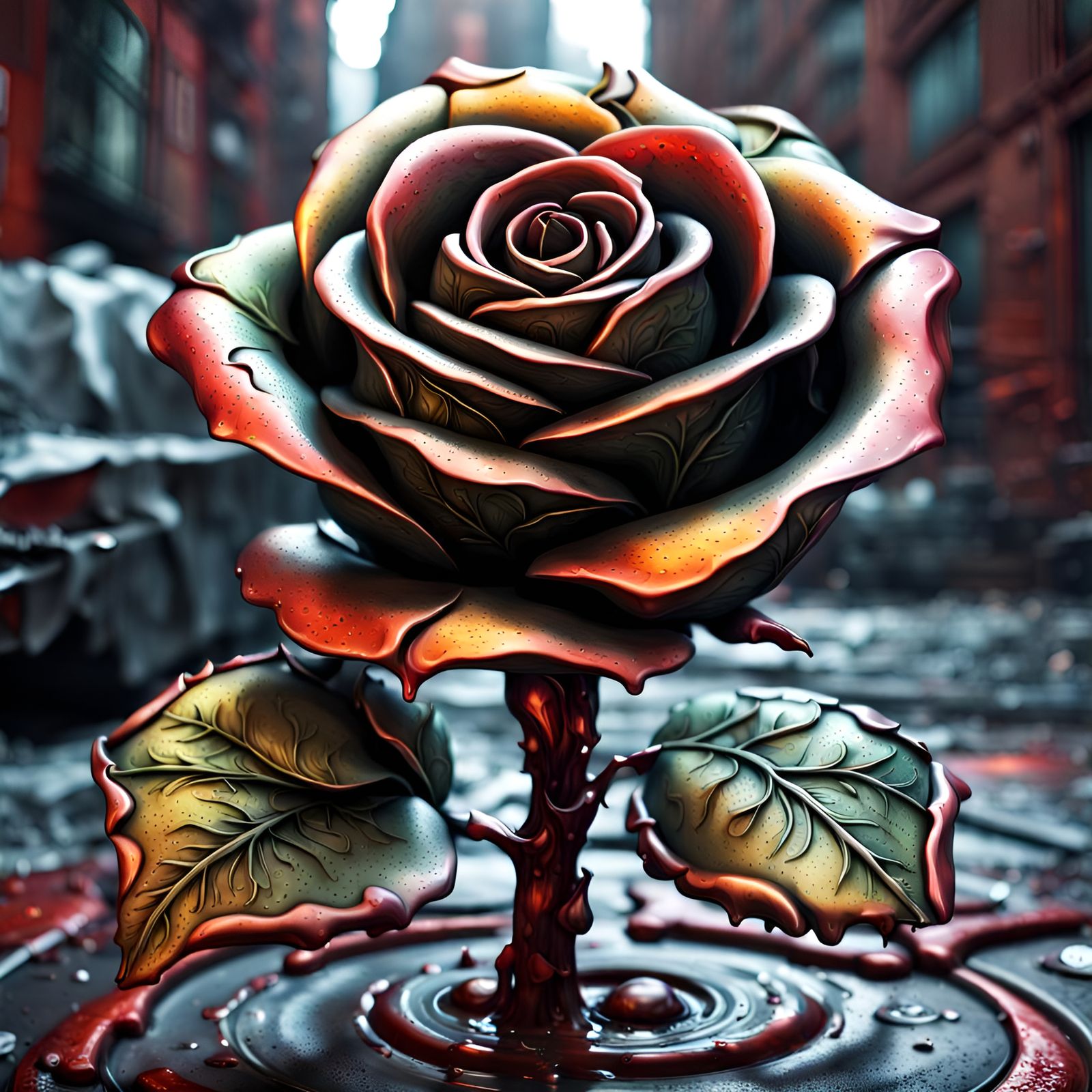 Hyperrealistic Iron Rose in Graffiti Art Style