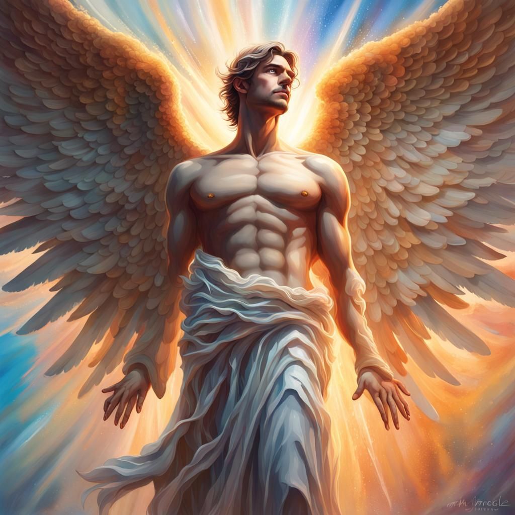 Powerful Angel with Wings Unfurled: Hyperrealistic Art
